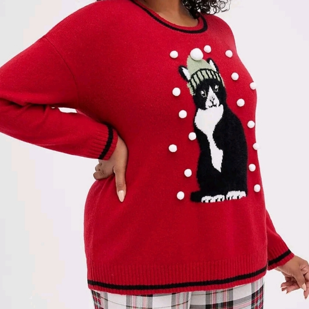 🏷️Torrid Pullover Crew Neck Christmas Cat Holiday Sweater Size 00 10/12